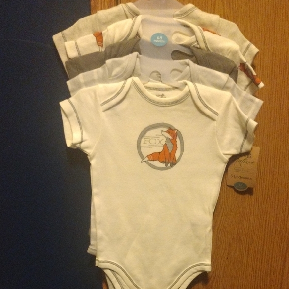 Touched By Nature Other - Fox Themed Organic Cotton White and Gray Baby 5 Pc Bodysuit Set